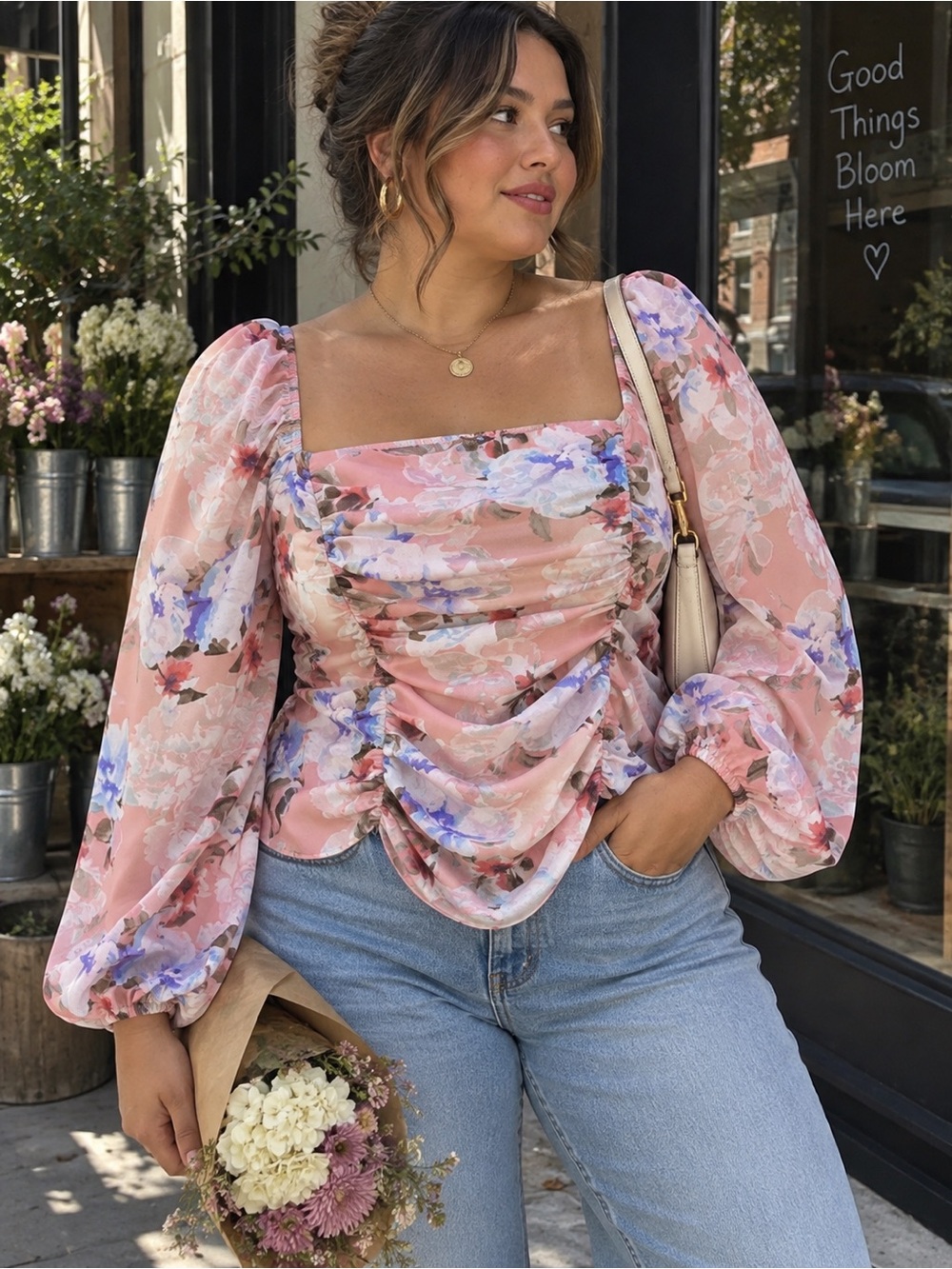 Express Pink Floral Ruched Puff Sleeve Square Neck Blouse Large